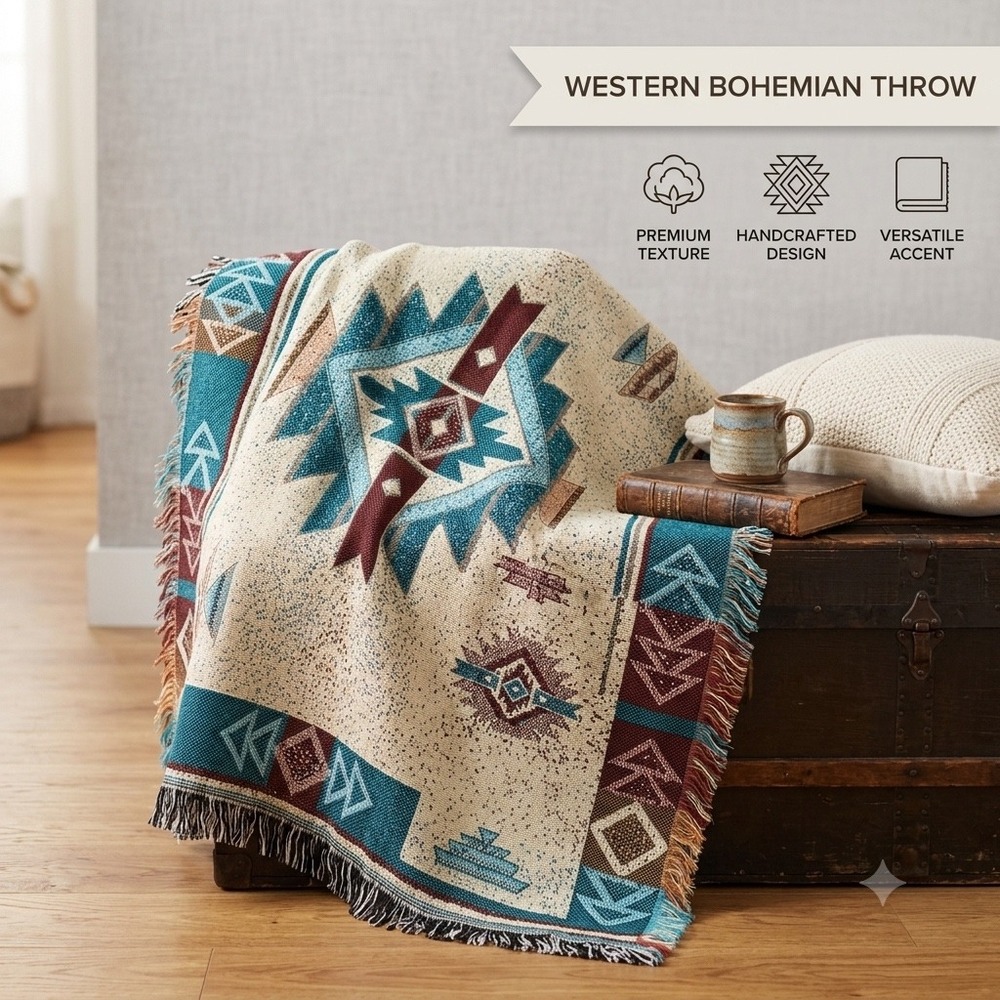 Manual Woodworkers Woven Throw Blanket Southwestern Western Boho Cotton 48x71